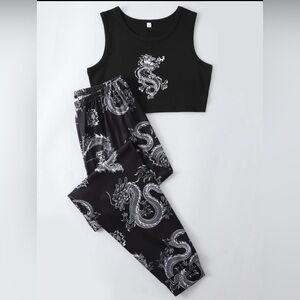 SHEIN Black Dragon Print Pajama Set